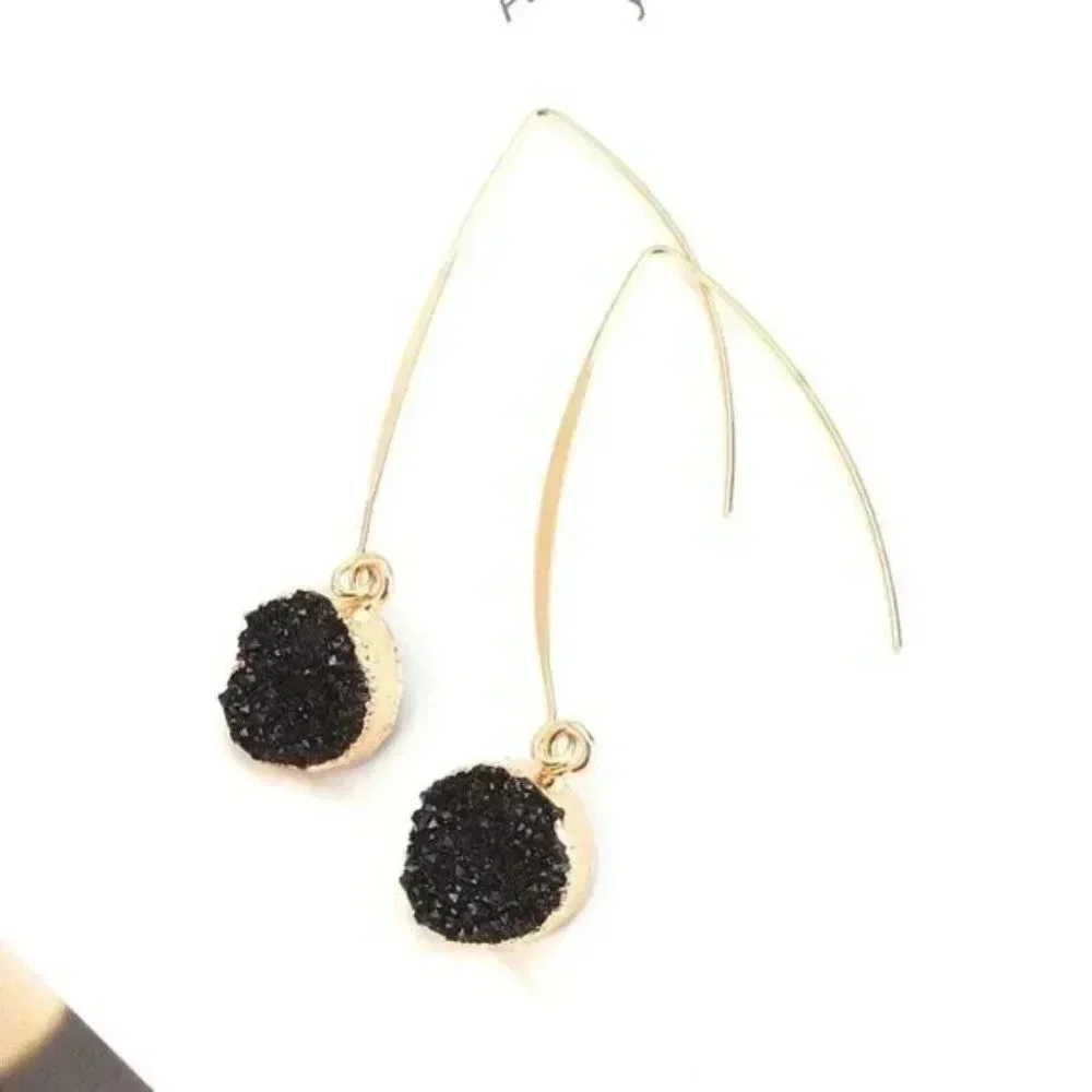 Druzy Charm Long Gold Marquise Earrings Black